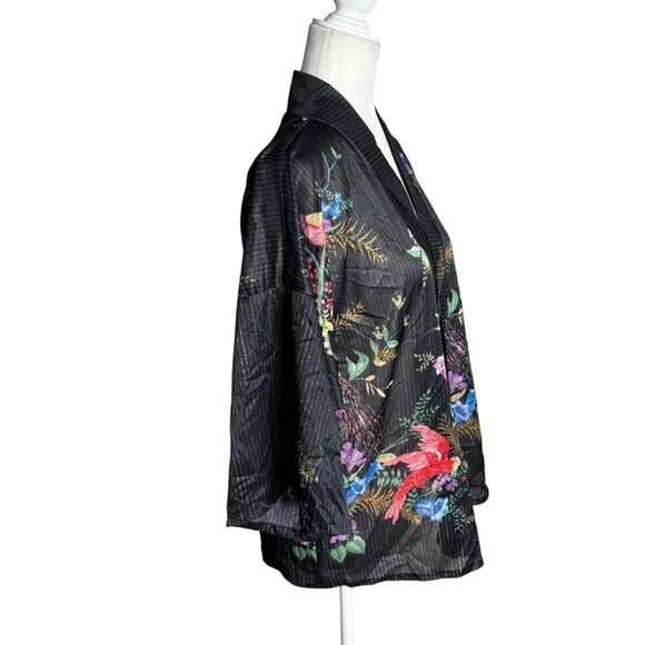 Vintage 70s Teddi Of California Kimono Style Top Size Small Black Floral Bird - Picture 5 of 7